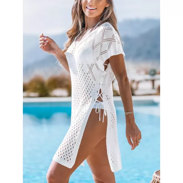 imageCUPSHE Womens Cover Up Crochet Dress Side Lace Up High Slit Beach Short Sleeves Swimwear Coverups 2024White