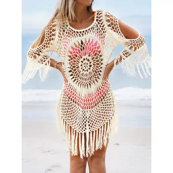 imageCUPSHE Womens Cover Up Crochet Hollow Out Tassel Swimsuit 34 SleeveBeige
