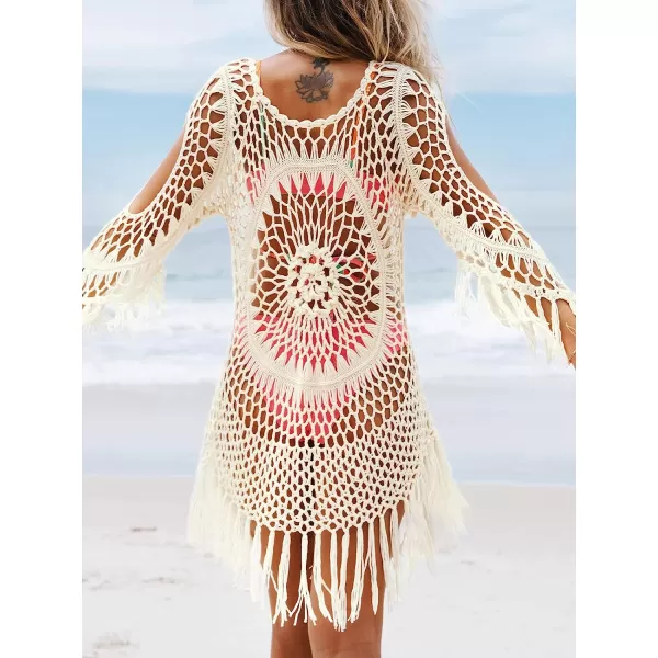 imageCUPSHE Womens Cover Up Crochet Hollow Out Tassel Swimsuit 34 SleeveBeige