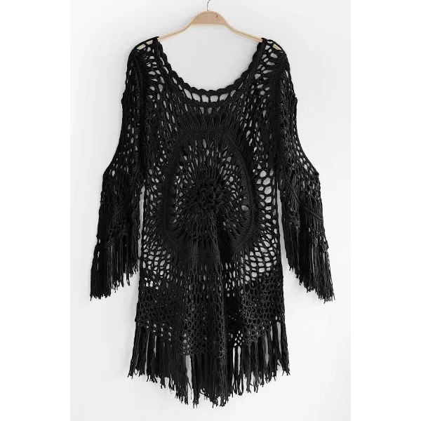 imageCUPSHE Womens Cover Up Crochet Hollow Out Tassel Swimsuit 34 SleeveBlack