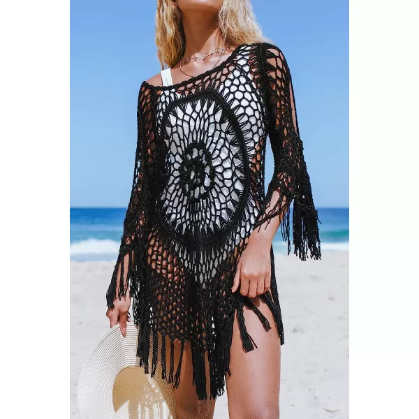 imageCUPSHE Womens Cover Up Crochet Hollow Out Tassel Swimsuit 34 SleeveBlack