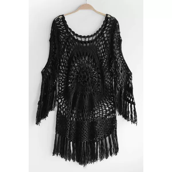 imageCUPSHE Womens Cover Up Crochet Hollow Out Tassel Swimsuit 34 SleeveBlack