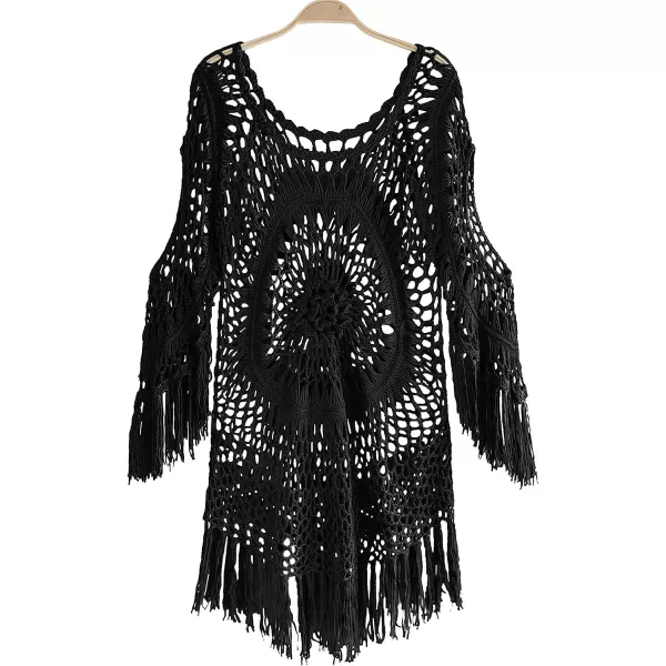 imageCUPSHE Womens Cover Up Crochet Hollow Out Tassel Swimsuit 34 SleeveBlack