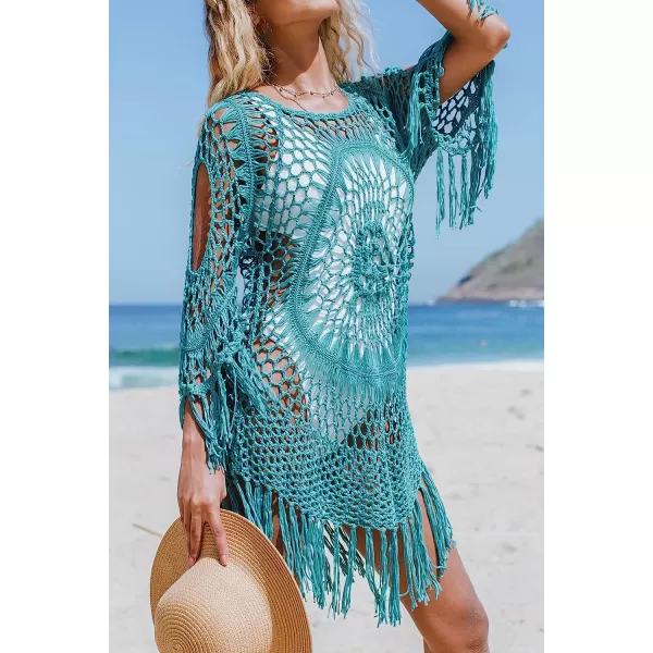 imageCUPSHE Womens Cover Up Crochet Hollow Out Tassel Swimsuit 34 SleeveBlue