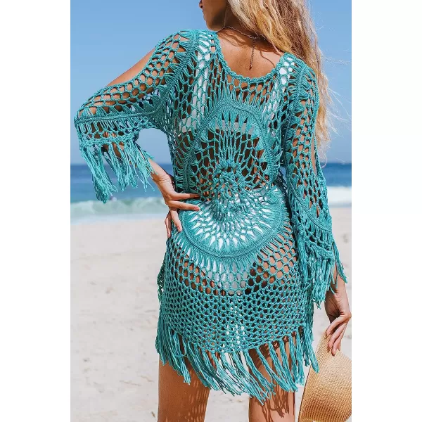 imageCUPSHE Womens Cover Up Crochet Hollow Out Tassel Swimsuit 34 SleeveBlue