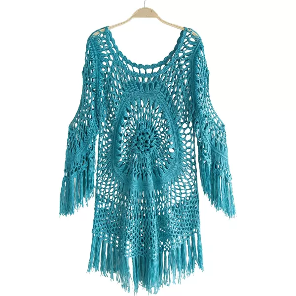 imageCUPSHE Womens Cover Up Crochet Hollow Out Tassel Swimsuit 34 SleeveBlue