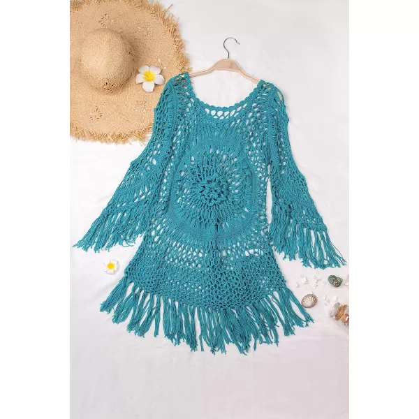 imageCUPSHE Womens Cover Up Crochet Hollow Out Tassel Swimsuit 34 SleeveBlue
