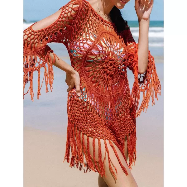 imageCUPSHE Womens Cover Up Crochet Hollow Out Tassel Swimsuit 34 SleeveRed