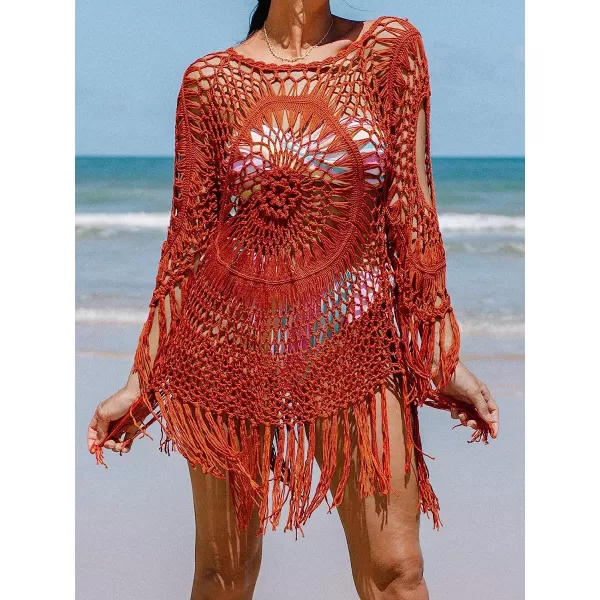 imageCUPSHE Womens Cover Up Crochet Hollow Out Tassel Swimsuit 34 SleeveRed