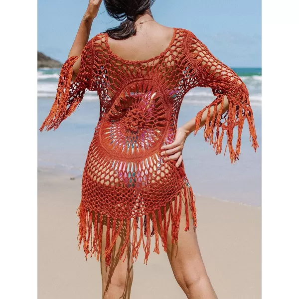 imageCUPSHE Womens Cover Up Crochet Hollow Out Tassel Swimsuit 34 SleeveRed