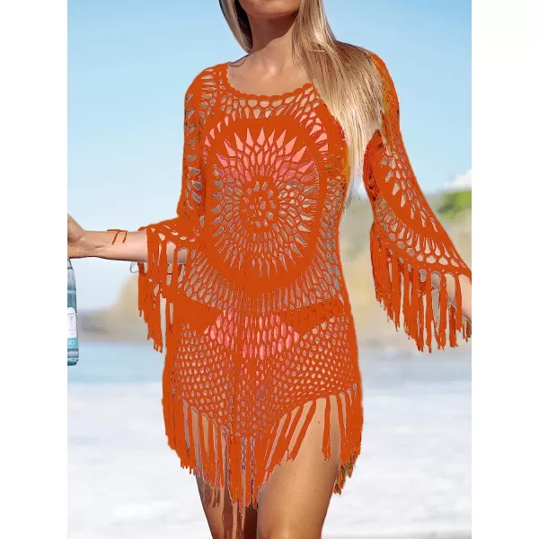imageCUPSHE Womens Cover Up Crochet Hollow Out Tassel Swimsuit 34 SleeveRed