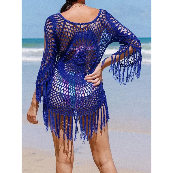 imageCUPSHE Womens Cover Up Crochet Hollow Out Tassel Swimsuit 34 SleeveRoyal Blue