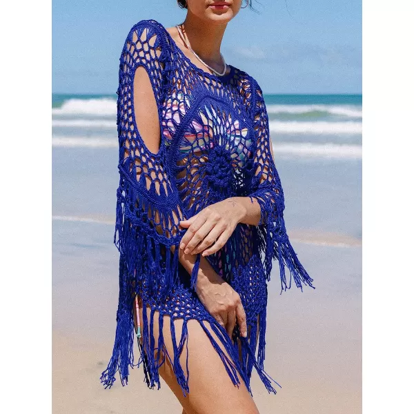 imageCUPSHE Womens Cover Up Crochet Hollow Out Tassel Swimsuit 34 SleeveRoyal Blue