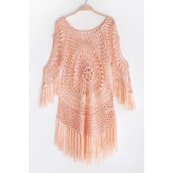 imageCUPSHE Womens Cover Up Crochet Hollow Out Tassel Swimsuit 34 SleeveSalmon