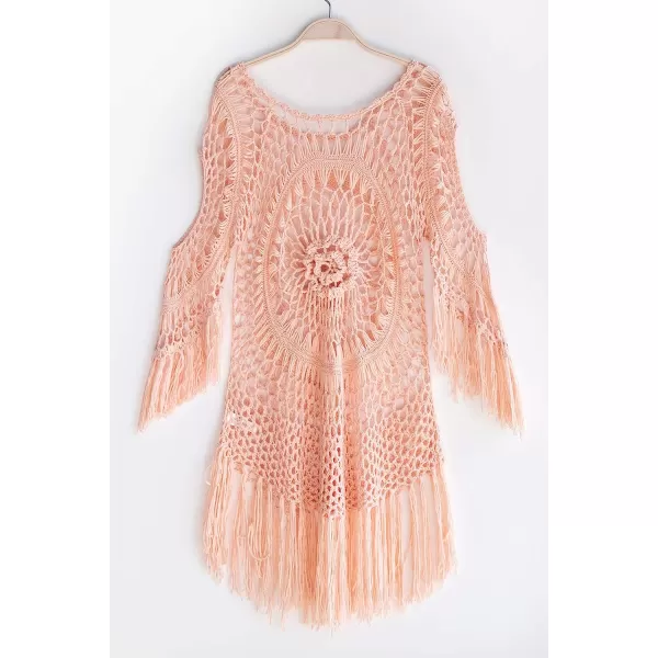 imageCUPSHE Womens Cover Up Crochet Hollow Out Tassel Swimsuit 34 SleeveSalmon