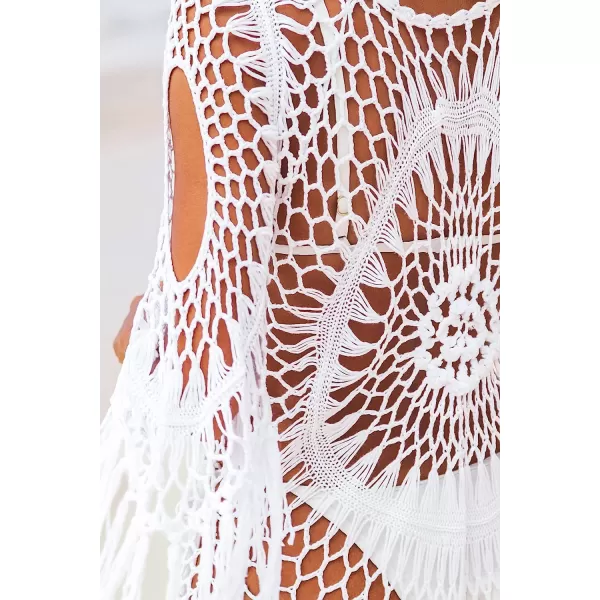 imageCUPSHE Womens Cover Up Crochet Hollow Out Tassel Swimsuit 34 SleeveWhite