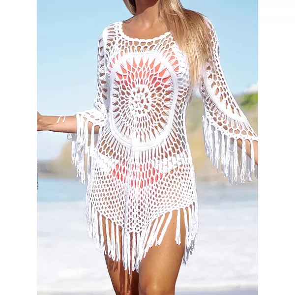 imageCUPSHE Womens Cover Up Crochet Hollow Out Tassel Swimsuit 34 SleeveWhite