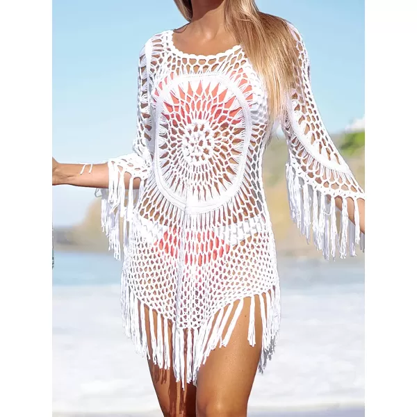 imageCUPSHE Womens Cover Up Crochet Hollow Out Tassel Swimsuit 34 SleeveWhite