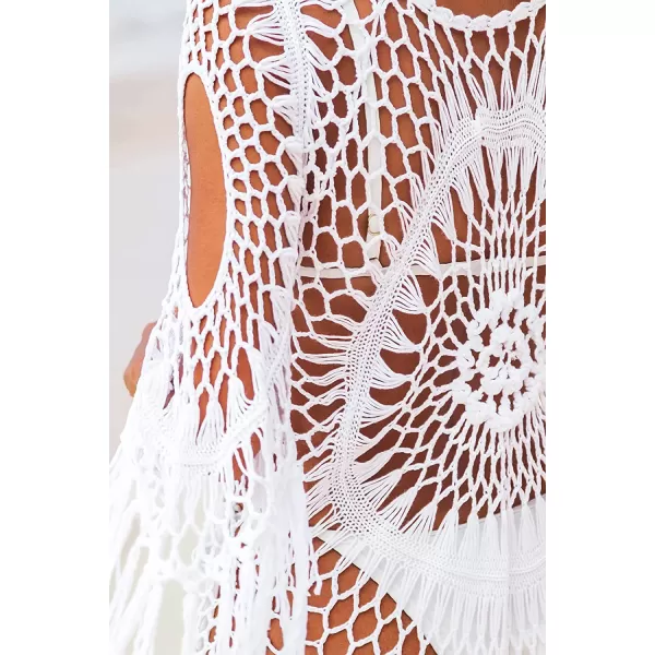 imageCUPSHE Womens Cover Up Crochet Hollow Out Tassel Swimsuit 34 SleeveWhite