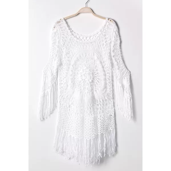 imageCUPSHE Womens Cover Up Crochet Hollow Out Tassel Swimsuit 34 SleeveWhite