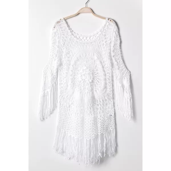 imageCUPSHE Womens Cover Up Crochet Hollow Out Tassel Swimsuit 34 SleeveWhite