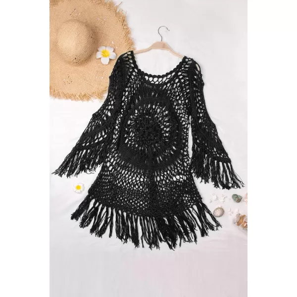 imageCUPSHE Womens Cover Up Crochet Poncho Swimsuit Tassel Dresses Hollow Out XSXXL 2024Black