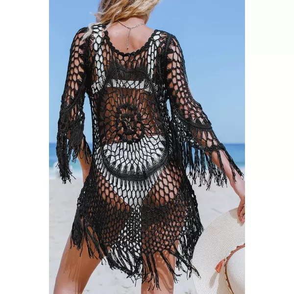 imageCUPSHE Womens Cover Up Crochet Poncho Swimsuit Tassel Dresses Hollow Out XSXXL 2024Black