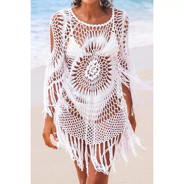 imageCUPSHE Womens Cover Up Crochet Poncho Swimsuit Tassel Dresses Hollow Out XSXXL 2024White