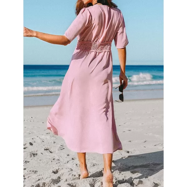 imageCUPSHE Womens Cover Up Crochet Self Tie Fitted Waisted Maxi Dress with Half SleevePink