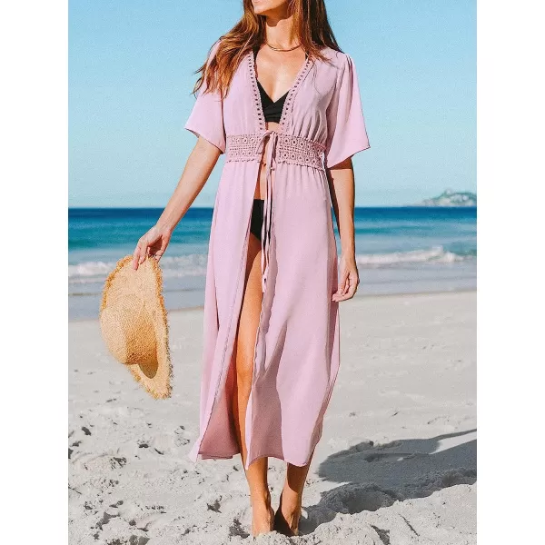 imageCUPSHE Womens Cover Up Crochet Self Tie Fitted Waisted Maxi Dress with Half SleevePink
