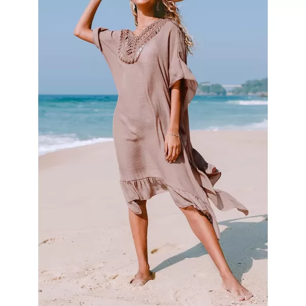 imageCUPSHE Womens Cover Up Fringe Hem Loose Waisted Knee Length BeachwearBrown