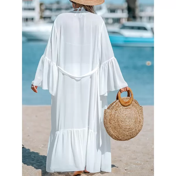 imageCUPSHE Womens Cover Up Long Sleeves Kimono Cardigan Loose Ruffle Sheer Beach Casual Coverups Outfits for VacationWhite