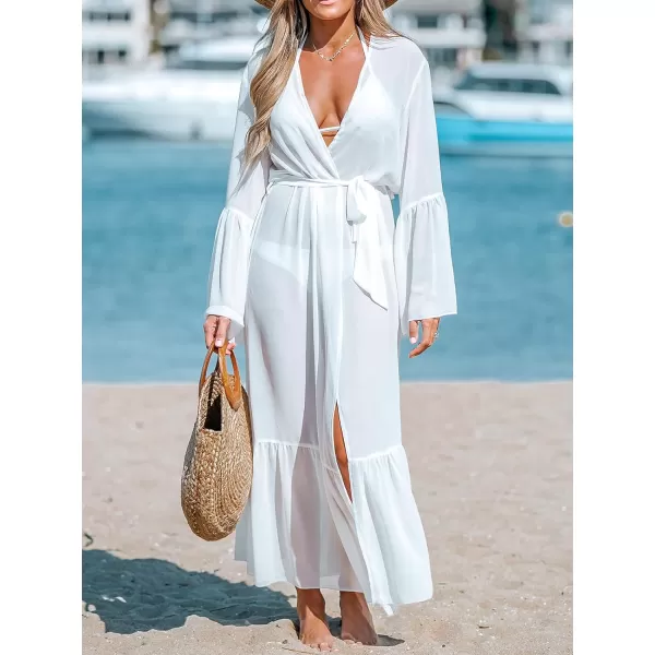 imageCUPSHE Womens Cover Up Long Sleeves Kimono Cardigan Loose Ruffle Sheer Beach Casual Coverups Outfits for VacationWhite