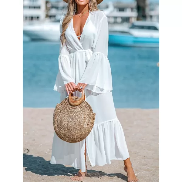 imageCUPSHE Womens Cover Up Long Sleeves Kimono Cardigan Loose Ruffle Sheer Beach Casual Coverups Outfits for VacationWhite
