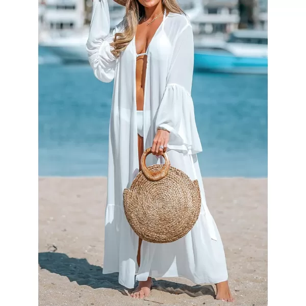imageCUPSHE Womens Cover Up Long Sleeves Kimono Cardigan Loose Ruffle Sheer Beach Casual Coverups Outfits for VacationWhite