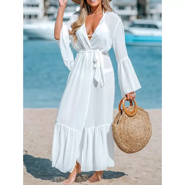 imageCUPSHE Womens Cover Up Long Sleeves Kimono Cardigan Loose Ruffle Sheer Beach Casual Coverups Outfits for VacationWhite