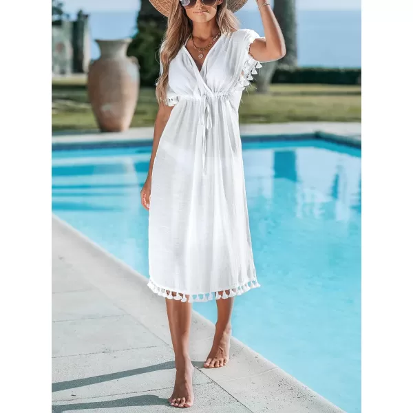 imageCUPSHE Womens Cover Up Maxi Dress V Neck Swimwear Tassel Empire Waist Short Sleeves Beachwear 2024White