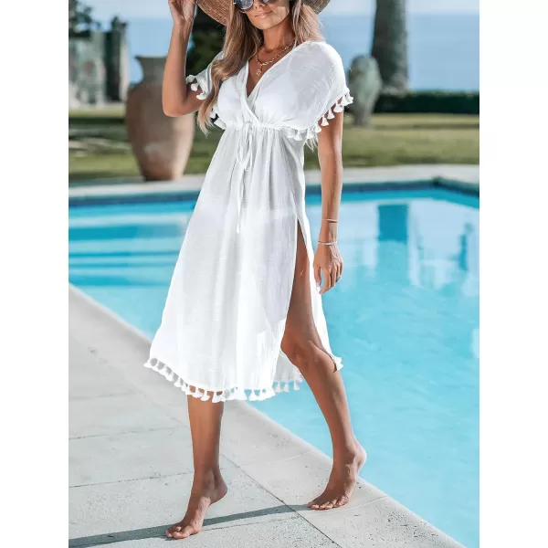 imageCUPSHE Womens Cover Up Maxi Dress V Neck Swimwear Tassel Empire Waist Short Sleeves Beachwear 2024White