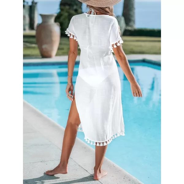imageCUPSHE Womens Cover Up Maxi Dress V Neck Swimwear Tassel Empire Waist Short Sleeves Beachwear 2024White