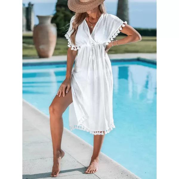 imageCUPSHE Womens Cover Up Maxi Dress V Neck Swimwear Tassel Empire Waist Short Sleeves Beachwear 2024White