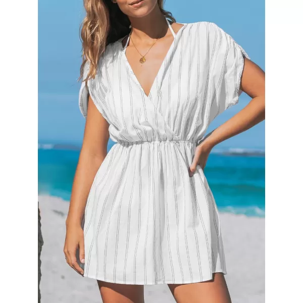 imageCUPSHE Womens Cover Up Mini Dress Surplice V Neck Swimwear Pullover Summer Beach WovenWhite Striped