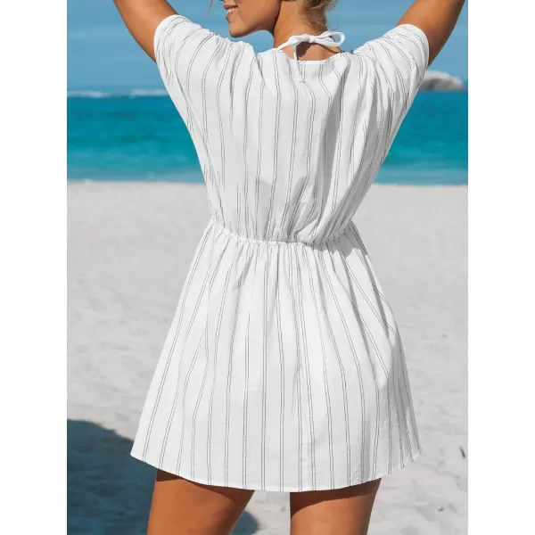 imageCUPSHE Womens Cover Up Mini Dress Surplice V Neck Swimwear Pullover Summer Beach WovenWhite Striped