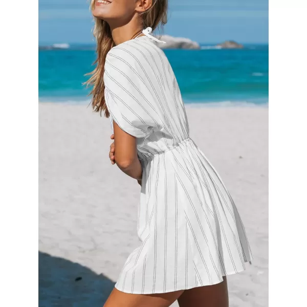 imageCUPSHE Womens Cover Up Mini Dress Surplice V Neck Swimwear Pullover Summer Beach WovenWhite Striped