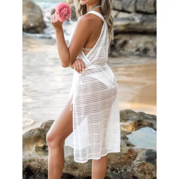 imageCUPSHE Womens Cover Up Sheer V Neck Sleeveless Striped Drawstring Cover Up Fitted Side Slit Beach DressWhite