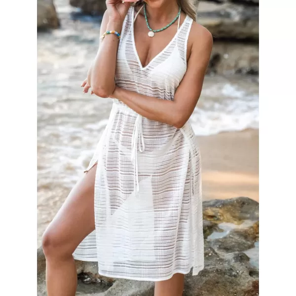 imageCUPSHE Womens Cover Up Sheer V Neck Sleeveless Striped Drawstring Cover Up Fitted Side Slit Beach DressWhite