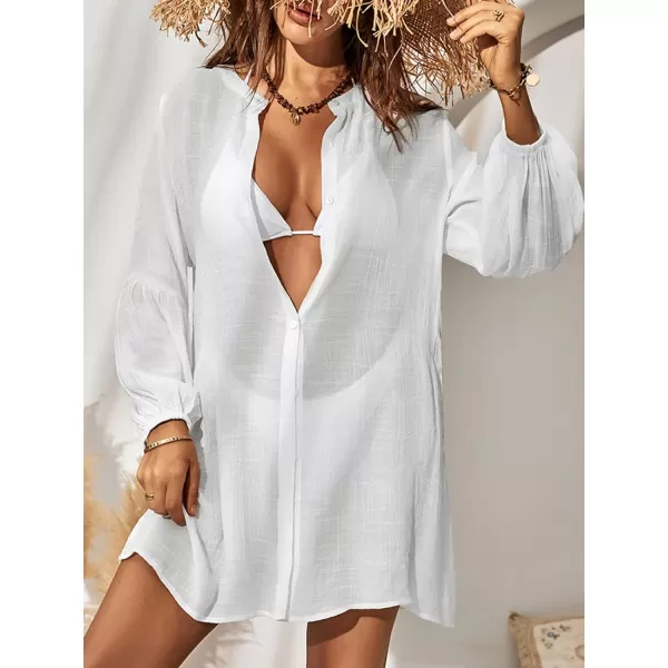 imageCUPSHE Womens Cover Up Shirt Dress Button Down Long Sleeve Pull Over Loose Waisted Mini Length Bikini Cover Up WhiteWhite