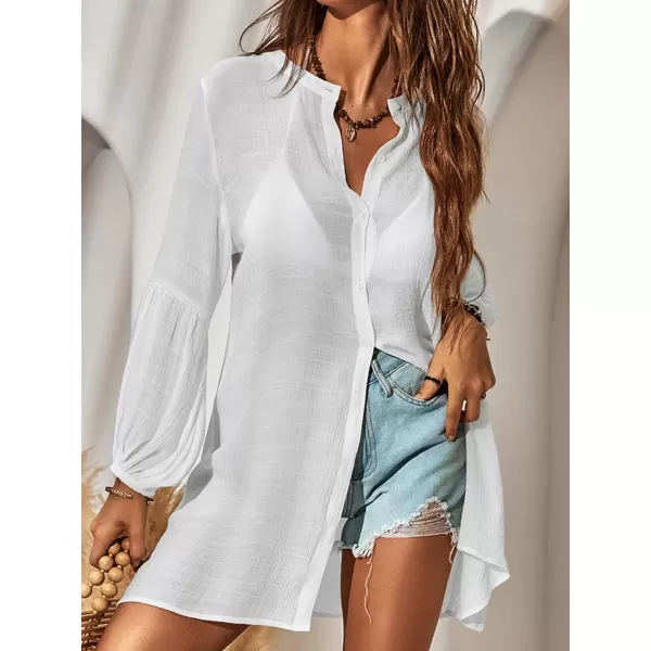 imageCUPSHE Womens Cover Up Shirt Dress Button Down Long Sleeve Pull Over Loose Waisted Mini Length Bikini Cover Up WhiteWhite