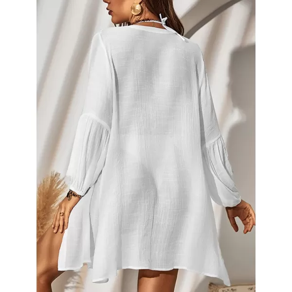 imageCUPSHE Womens Cover Up Shirt Dress Button Down Long Sleeve Pull Over Loose Waisted Mini Length Bikini Cover Up WhiteWhite