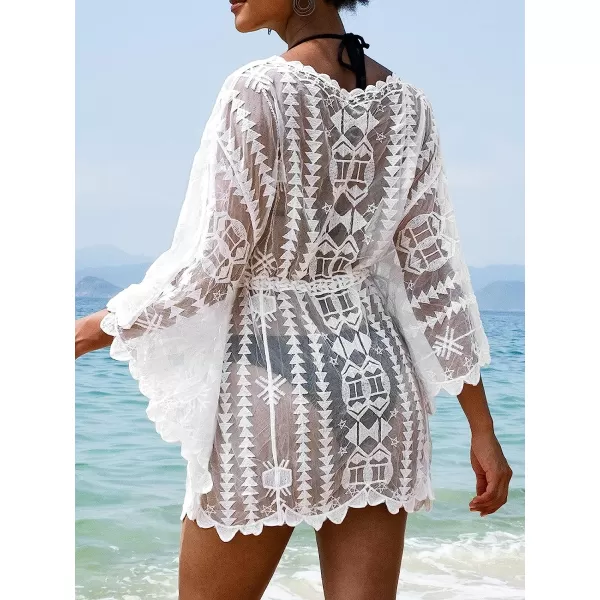 imageCUPSHE Womens Cover Up Sleeve Embroidery Crochet VNeck Mesh Top Long Sleeve SwimsuitWhite