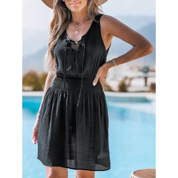 imageCUPSHE Womens Cover Up Sleeveless Swimwear Lace Up Mini Dress Smocked Waist Beach Coverups 2024Black